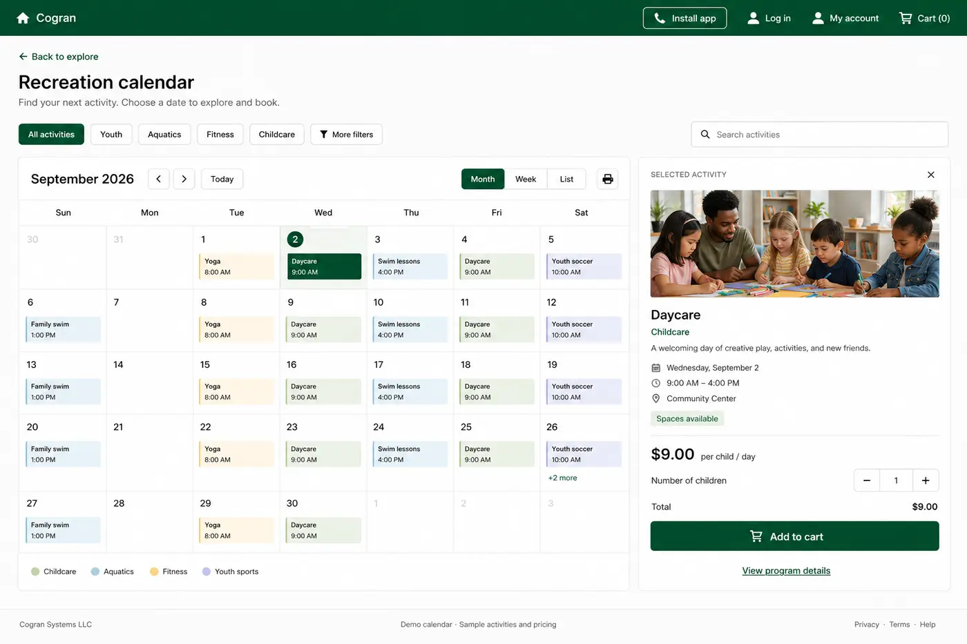 Cogran calendar interface showing programs, dates, and availability