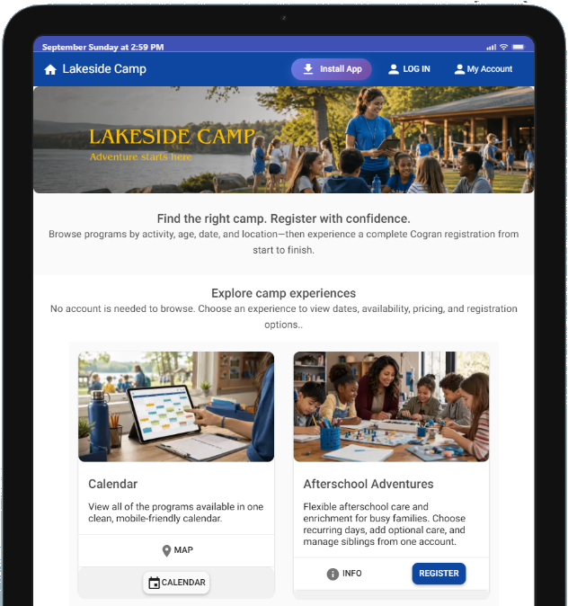 Cogran camp registration interface displayed on a tablet
