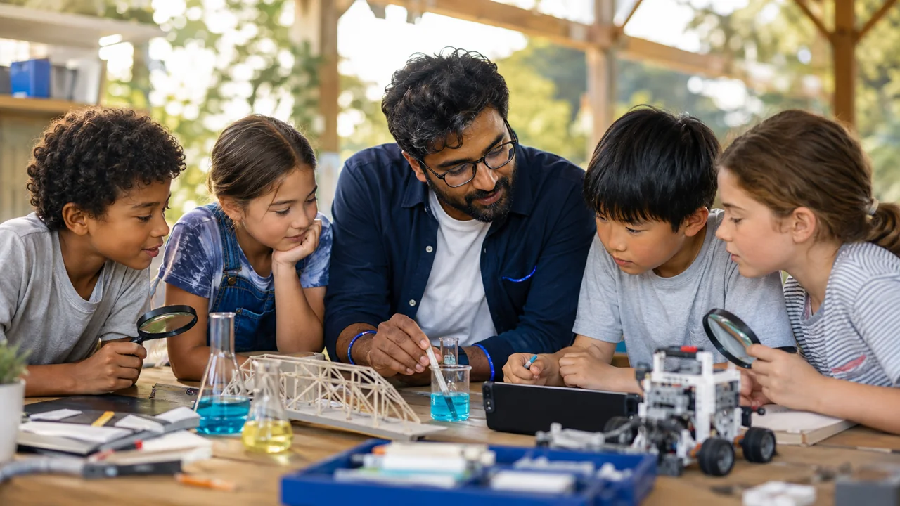 An instructor and children exploring a hands-on science activity