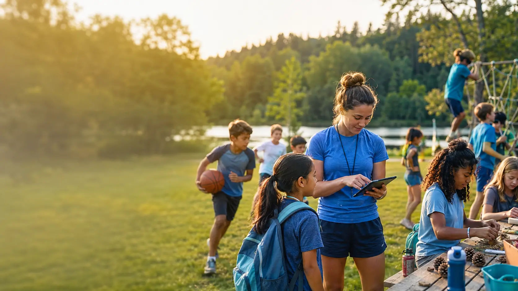 Camp staff and children taking part in outdoor activities