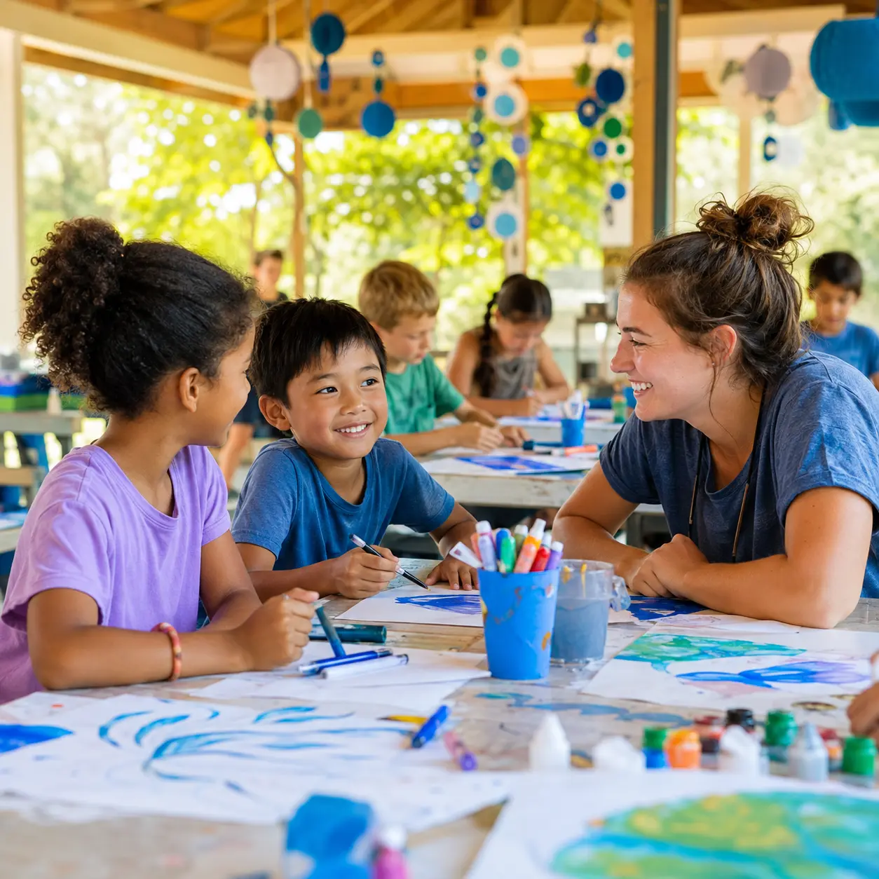 A counselor helping children create an art project together