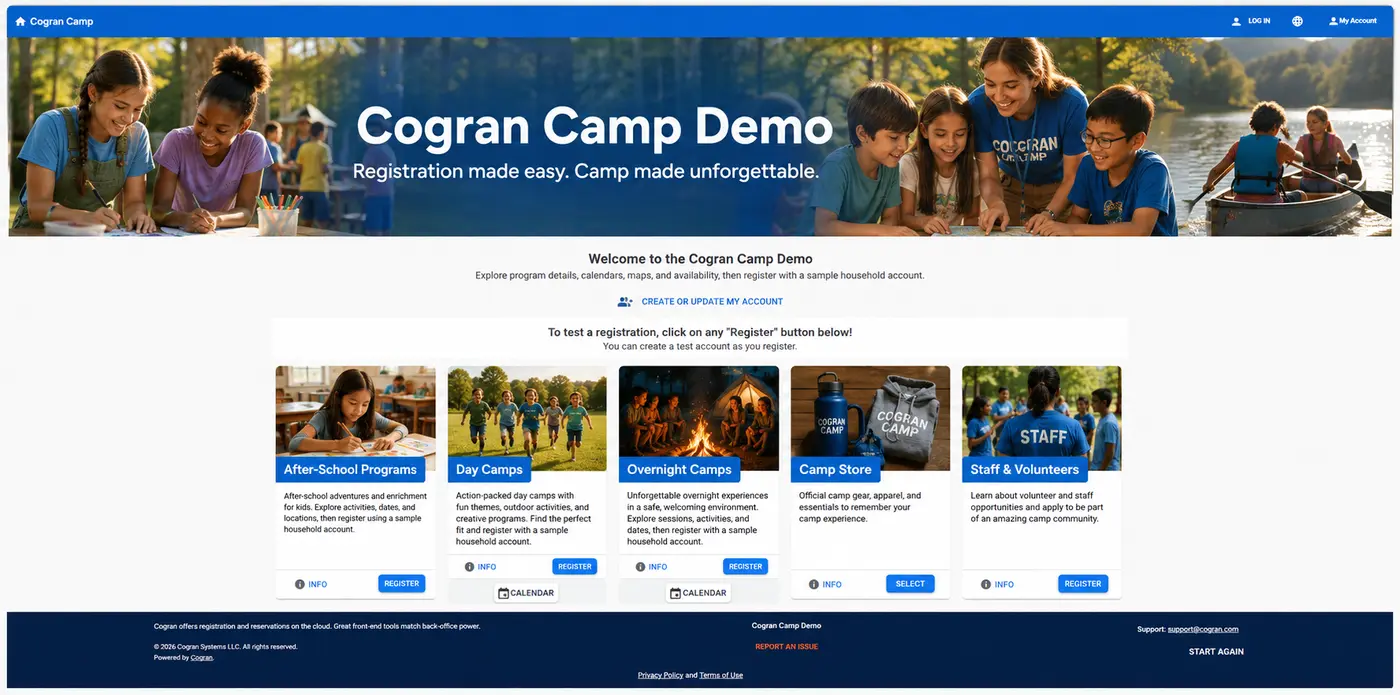 Cogran camp demo website with program categories and registration options