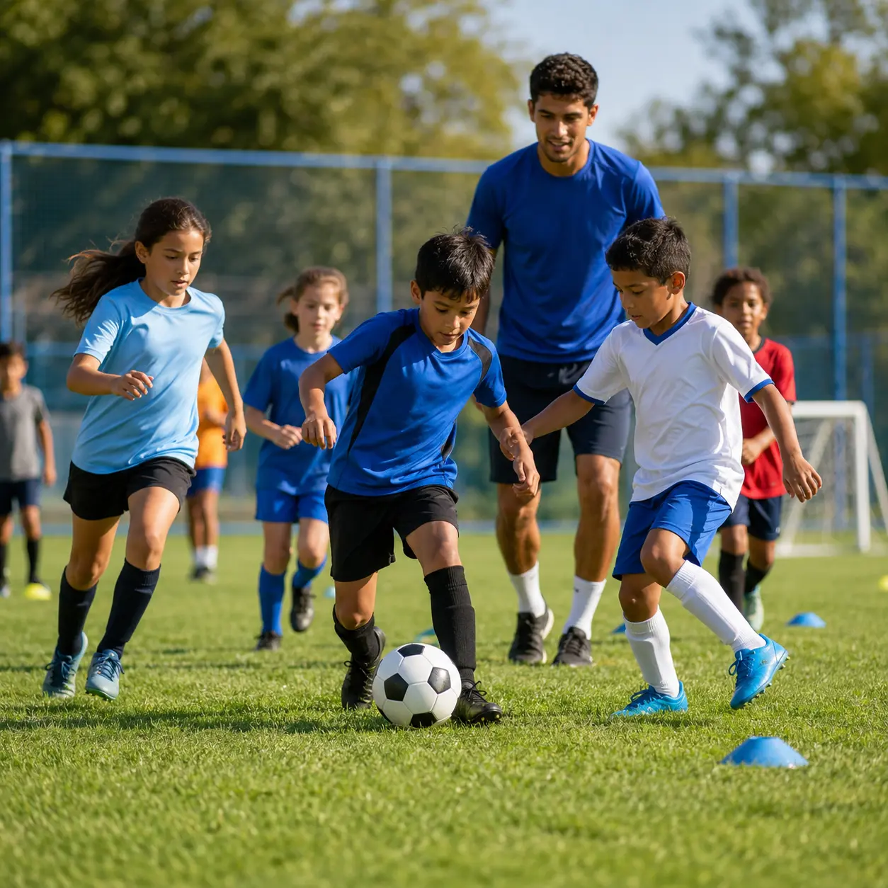 A coach guiding children through a soccer activity