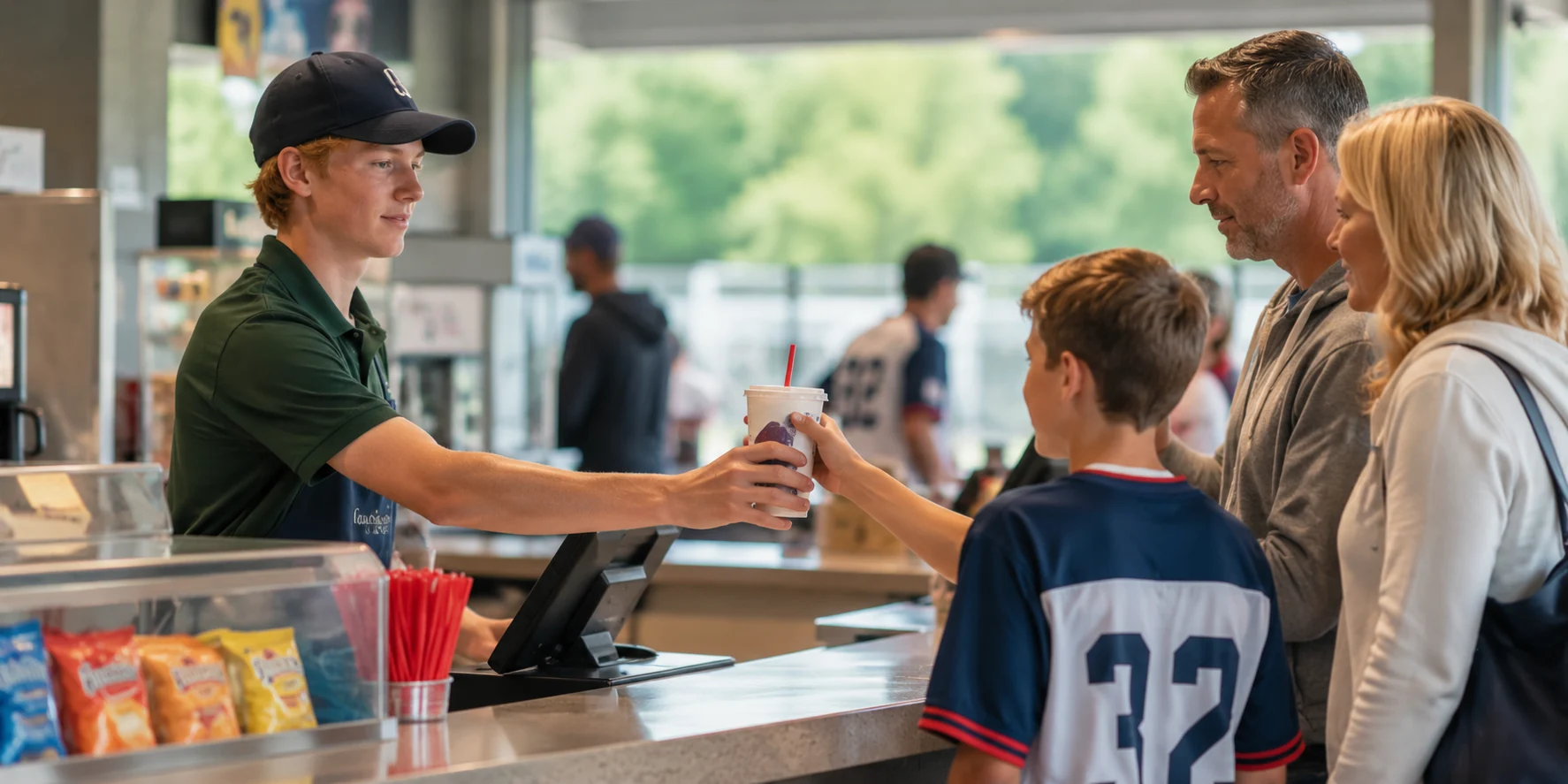 A concessions team member handing a drink to a young player with his family