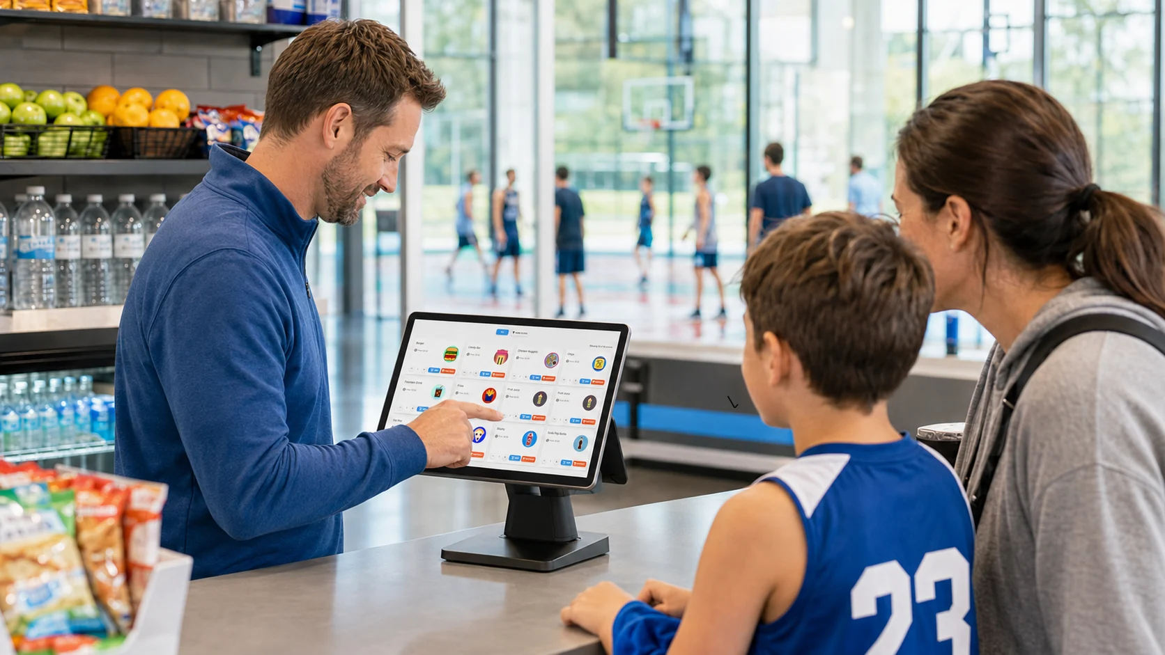 A staff member helping a parent and child at a recreation center point-of-sale counter