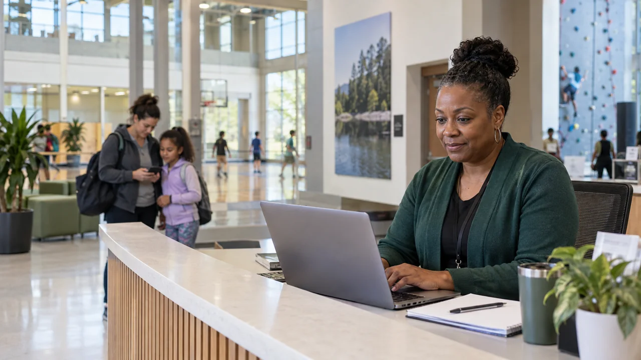 A recreation staff member managing program details at a bright community center welcome desk