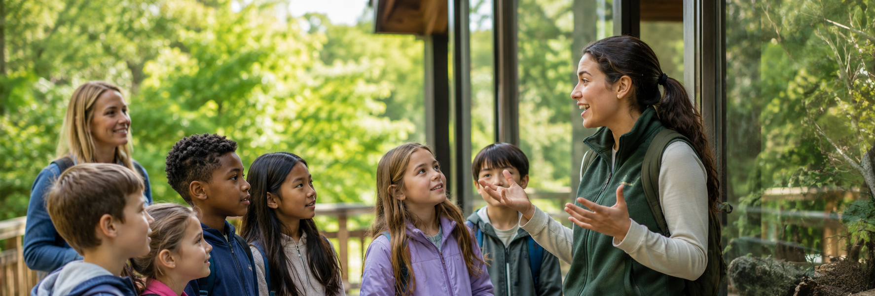 An educator leading a school group at a nature center